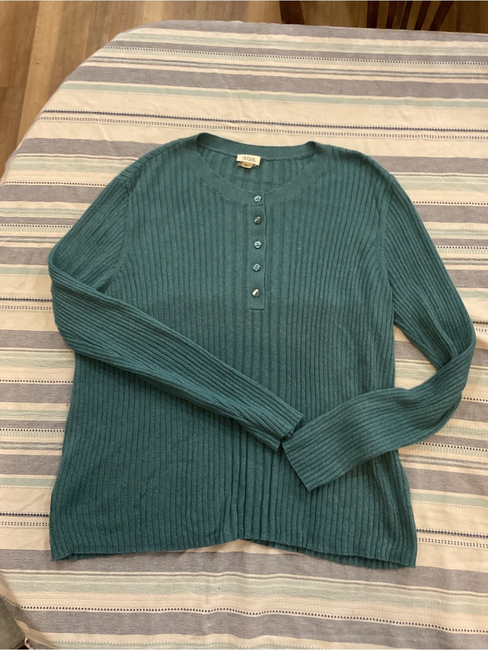 a.n.a Teal Ribbed Henley Crewneck Sweater